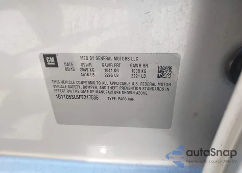 2015 Chevrolet Malibu 2Lt from USA, damaged, VIN 1G11D5SL6FF317535